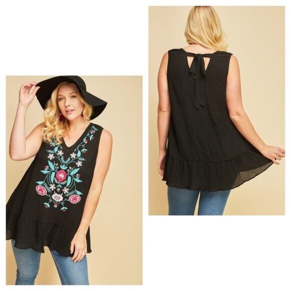 Entro Black Floral Embroidered Sleeveless Peplum Tunic Tank Top Medium - Picture 2 of 8